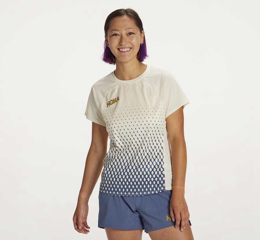 Top Hoka One One Mujer Azules/Blancos - Performance Short Sleeve - ZSGA08312